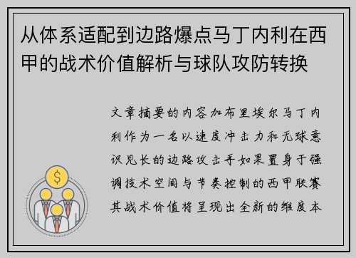 从体系适配到边路爆点马丁内利在西甲的战术价值解析与球队攻防转换